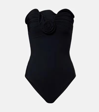 Magda Butrym Floral-appliqué Strapless Swimsuit In Black