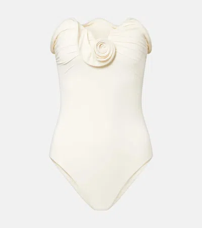 Magda Butrym Floral-appliqué Strapless Swimsuit In White