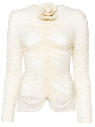 Magda Butrym Floral-appliqué Ruched Top In Beige