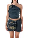Magda Butrym Asymmetric Denim Floral One-shoulder Ruched Top