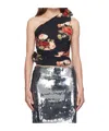 Magda Butrym Draped Printed Jersey One Shoulder Top In Black
