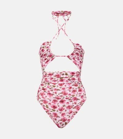 Magda Butrym Hollow-out Pleated Print Halter Neck Swimsuit In Pink
