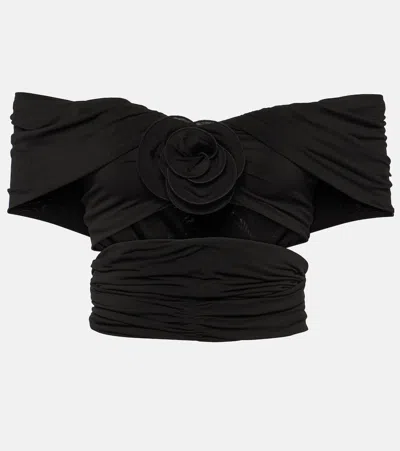 Magda Butrym Floral Off-shoulder Ruched Crop Top In Black