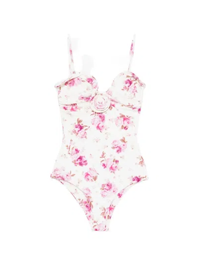 Magda Butrym Floral-print Rose-appliqué Swimsuit In Pink