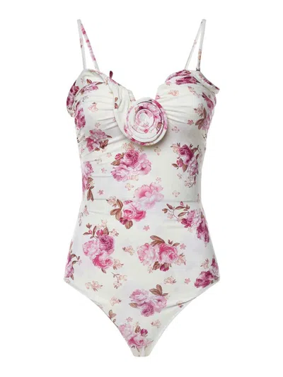Magda Butrym Embellished Gathered Floral-print Swimsuit In Pink