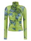 Magda Butrym Embellished Floral High Neck Ruched Top In Green