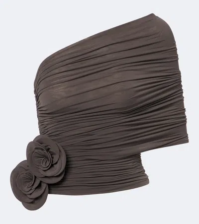 Magda Butrym Floral-print Draped Off-the-shoulder Top In Brown