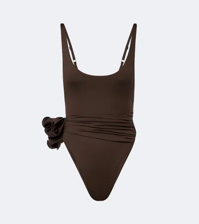 Magda Butrym Floral-appliqué Draped Swimsuit In Animal Print