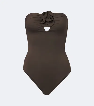 Magda Butrym Floral-appliqué Gathered Swimsuit In Brown