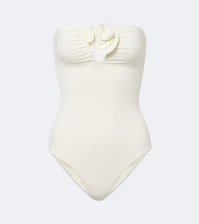 Magda Butrym Floral-appliqué Gathered Swimsuit In White