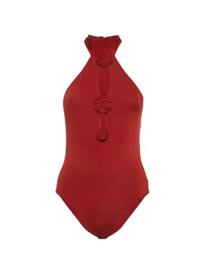 Pre-owned Magda Butrym Floral-appliqué Halter Bodysuit In Red