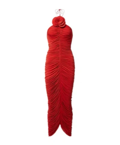 Magda Butrym Floral-applique Ruched Jersey Midi Dress In Red