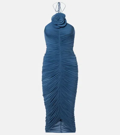 Magda Butrym Floral-appliqué Ruched Midi Dress In Blue