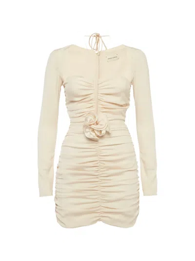 Pre-owned Magda Butrym Floral-appliqué Ruched Mini Dress In Neutral