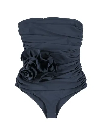 Magda Butrym Floral-appliqué Ruched Swimsuit In Blue