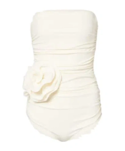Magda Butrym Floral-appliqué Ruched Swimsuit In White