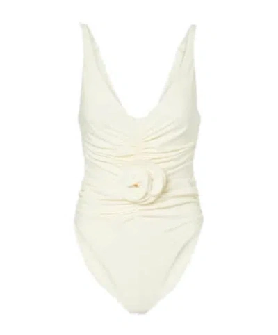 Magda Butrym Floral-appliqué Ruched Swimsuit In White