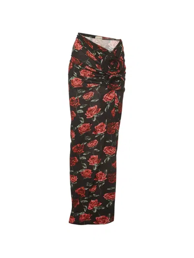 Pre-owned Magda Butrym Floral-print Draped Maxi Skirt In Black