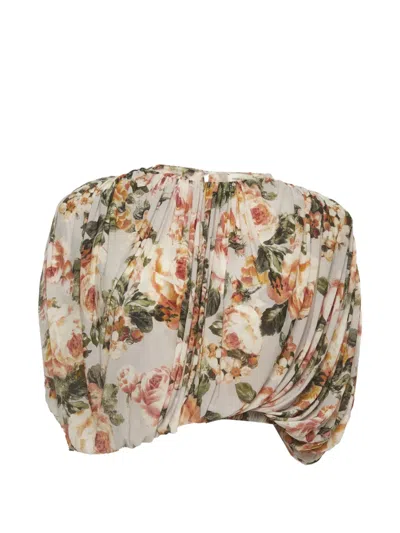 Pre-owned Magda Butrym Floral-print Gathered Cropped Blouse In Neutrals