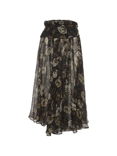 Pre-owned Magda Butrym Floral-print Silk Midi Skirt In Black
