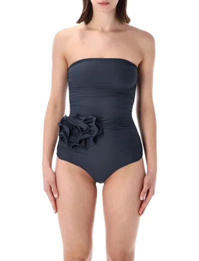 Magda Butrym Flower Appliqué Strapless Swimsuit In Gray