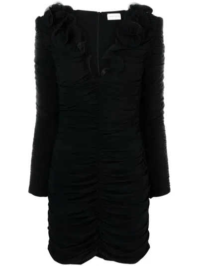 Magda Butrym Flower Decolte Long-sleeve Minidress In Black