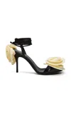 Magda Butrym Flower-embellished Heeled Satin Sandals In Black,white