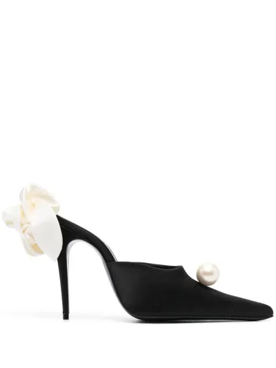 Magda Butrym "flower" Heel Mules Satin Shoes In Black