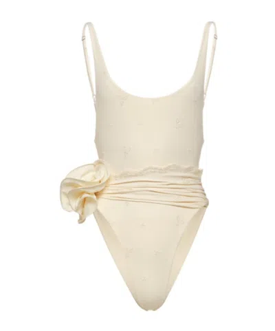 Magda Butrym Flower Scoop Neck Swimsuit In Cream With Embroidered Roses In Neutral