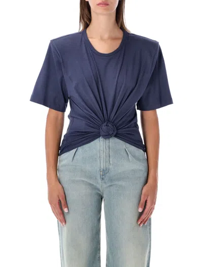 Magda Butrym Front Knot Draped Blue T-shirt With Removable Shoulder Pads In Grey