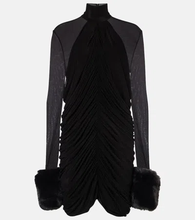 Magda Butrym Gathered Faux Fur-trimmed Mesh Minidress In Black