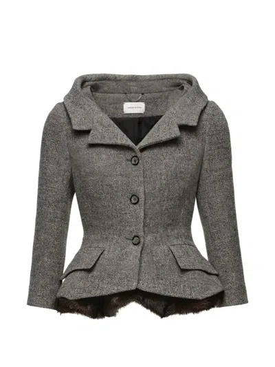 Magda Butrym Herringbone-pattern Faux-fur-trim Blazer In Gray
