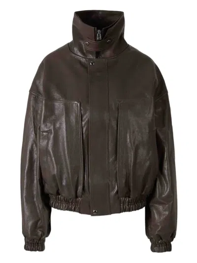 Magda Butrym High-neck Elastic-cuff Leather Jacket In Brown