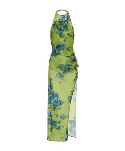 Magda Butrym High-neck Floral Applique Midi Dress In Green Print