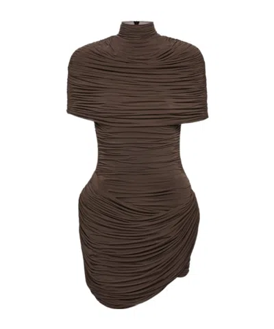 Magda Butrym High-neck Draped Mini Dress With Cape Detail In Brown