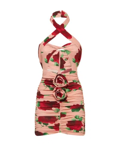 Magda Butrym Cutout Ruched Floral-print Jersey Halterneck Mini Dress In Pink