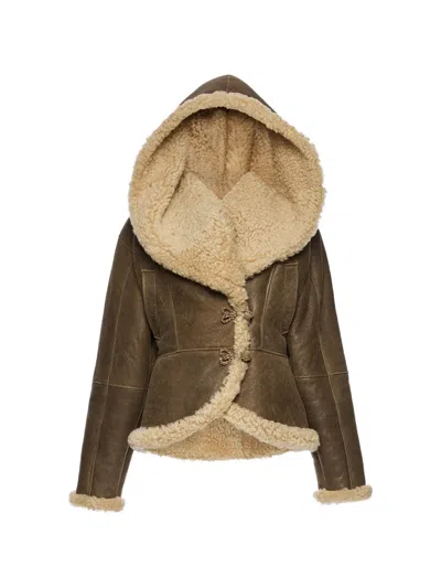 Magda Butrym Leather Shearling Hooded Jacket In Brown
