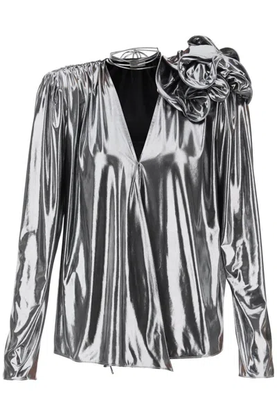 Magda Butrym Jersey Blouse With Rose Applique In Argento