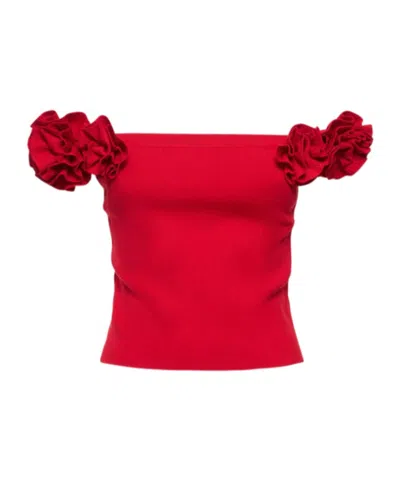 Magda Butrym Knit Off-the-shoulder Top W/ 3d Flowers In Red