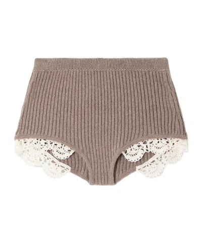 Magda Butrym Crocheted Cotton Lace-trimmed Ribbed Cashmere Shorts In Brown