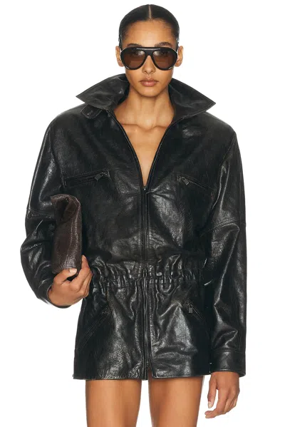 Magda Butrym Leather Bomber Jacket In Vintage Black