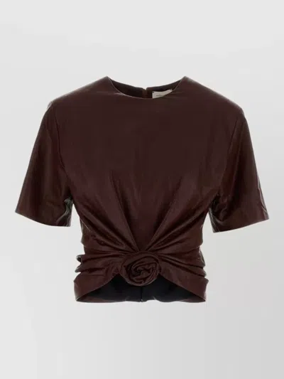 Magda Butrym Leather Top Short Sleeves Round Neck Ruched In Brown