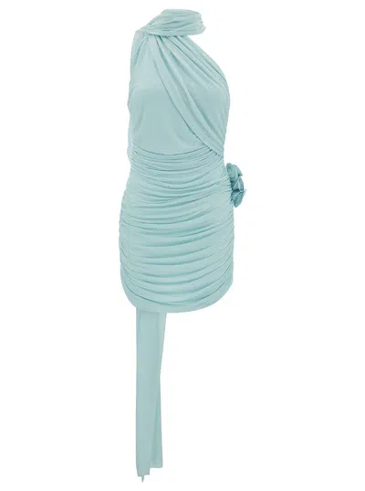 Magda Butrym Light Blue Draped Mini Dress With Roses Applications In Stretch Cupro Wpman