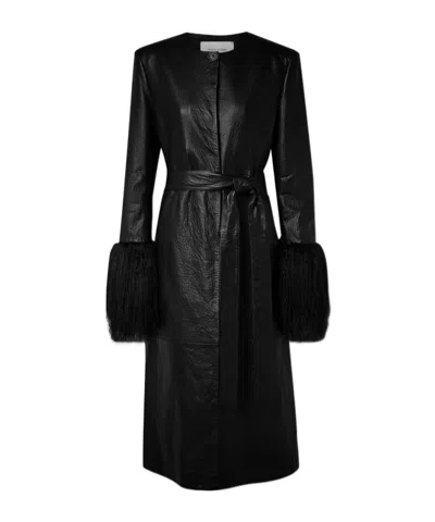 Magda Butrym Belted Faux Fur-trimmed Textured-leather Coat In Black