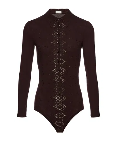 Magda Butrym Long-sleeve Tricot Polo Bodysuit In Brown In Black
