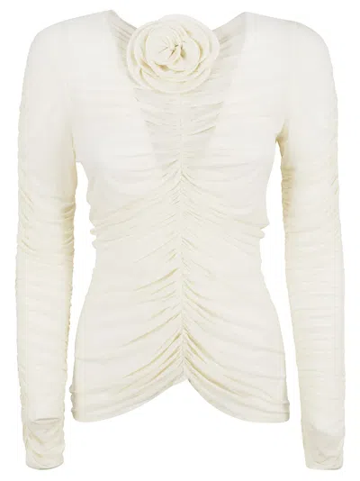 Magda Butrym Long-sleeved Top With Floral Appliqué And Flattering V-neck Design In Neutrals
