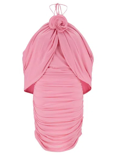 Magda Butrym Mini Pink Dress With Cape And Rose Patch In Stretch Polyamide Woman