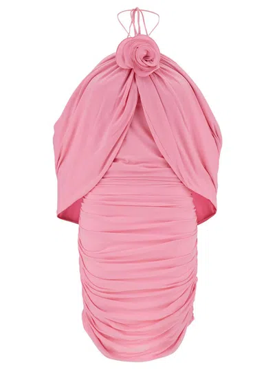 Magda Butrym Mini Pink Dress With Cape And Rose Patch In Stretch Polyamide Woman