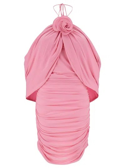 MAGDA BUTRYM MINI PINK DRESS WITH CAPE AND ROSE PATCH IN STRETCH POLYAMIDE WOMAN