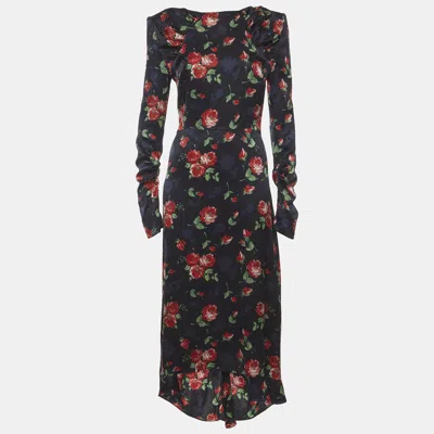 Pre-owned Magda Butrym Navy Blue Floral Print Satin Jacquard Midi Dress S